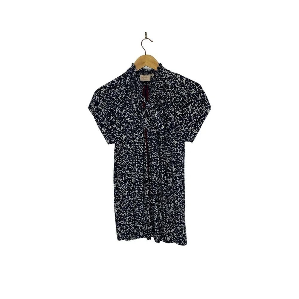 Rungolee Size S Silk Crepe High Neck Floral Blouse in Navy and Whitr
